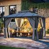image12x20 Hardtop Gazebo Outdoor Polycarbonate Double Top Canopy Aluminum Frame Permanent Pavilion with Netting and Curtains Sunshade for Patio Garden LawnsGray