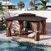 image12x20 Hardtop Gazebo Outdoor Polycarbonate Double Top Canopy Aluminum Frame Permanent Pavilion with Netting and Curtains Sunshade for Patio Garden LawnsBrown