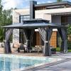 image12x20 Hardtop Gazebo Outdoor Polycarbonate Double Top Canopy Aluminum Frame Permanent Pavilion with Netting and Curtains Sunshade for Patio Garden LawnsGray