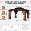 image12x20 Hardtop Gazebo Outdoor Polycarbonate Double Top Canopy Aluminum Frame Permanent Pavilion with Netting and Curtains Sunshade for Patio Garden LawnsBrown