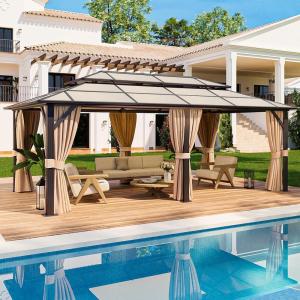 image12x20 Hardtop Gazebo Outdoor Polycarbonate Double Top Canopy Aluminum Frame Permanent Pavilion with Netting and Curtains Sunshade for Patio Garden Lawns12x20Brown Polycarbonate Roof