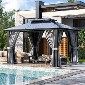 image12x20 Hardtop Gazebo Outdoor Polycarbonate Double Top Canopy Aluminum Frame Permanent Pavilion with Netting and Curtains Sunshade for Patio Garden LawnsGray
