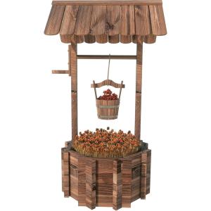 image:imageWooden Wishing Well Planter for Flower and Plants Antique Planter with Wooden Barrel Brown