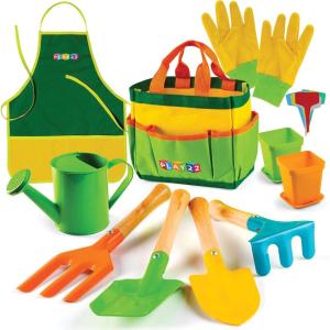 imagePlay22 Kids Gardening Tool Set 12 PCS  Kids Gardening Tools Shovel Rake Fork Trowel Apron Gloves Watering Can and Tote Bag Toddler Gardening Tools for Kids Best Outdoor Toys Gift for Boys and Girls