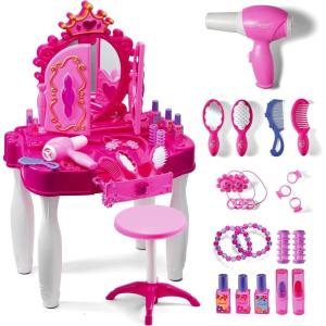 imagePlay22 Pretend Play Girls Vanity Set with Mirror and Stool 21 PCS  Kids Makeup Vanity Table Set with Lights and Sounds  Includes Fashion Hair ampamp Makeup Accessories