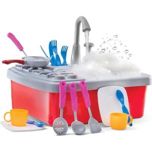 imagePlay22 17 Pc Kids Play Sink with Running Water  Kitchen Sink Toy  Toddler Sink Toy with Real Faucet ampamp Drain Dishes Utensils  Play Cooking Stove WPan  Kitchen Toys for Toddlers ampamp Kids