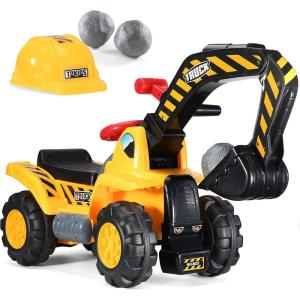 imagePlay22 Toy Tractors for Kids Ride On Excavator  Music Sounds Digger Scooter Bulldozer Includes Helmet with Rocks  Pretend Play  Toddler Construction Truck