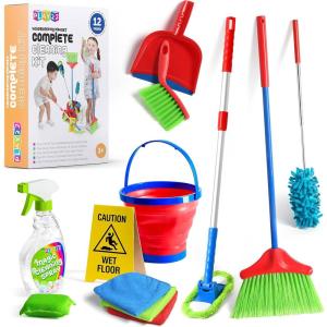 imagePlay22 Kids Cleaning Set 12 Piece  Toy Cleaning Set Includes Broom Mop Brush Dust Pan Duster Sponge Clothes Spray Bucket Caution Sign  Toy Kitchen Toddler Cleaning Set  Original