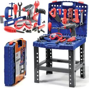 imagePlay22 Kids Tool Set Bench 76 Pc  Toddler Tool Bench Set with Electronic Play Drill  Stem Educational Toy Pretend Play Construction Work Shop  Preschool Toy Gift for Kids Children Boys and Girls