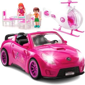 imagePlay22 Pink Car Convertible 2Seater Vehicle Doll Accessories with Lights and Sounds 10 Pc  Car for Dolls Toy Car Includes Doll Helicopter 2 Figurines and Dining Table Set  Great Toddler Gift