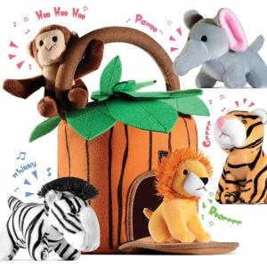 imagePlay22 6Piece Plush Talking Jungle Animals Set with Carrier for Kids Babies ampamp Toddlers  Elephant Tiger Lion Zebra Monkey