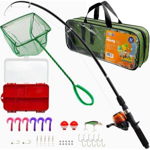 imagePlay22 Fishing Pole For Kids  32 Set Kids Fishing Rod Combos  Kids Fishing Poles Includes Fishing Tackle Fishing Gear Fishing Lures Net Carry On Bag Fully Fishing Equipment  For Boys And Girls