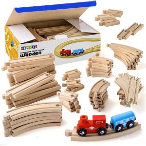 imagePlay22 Wooden Train Tracks  52 PCS  2 Bonus Car Toy Trains  for Kids is Compatible with Thomas Wooden Railway Systems and All Major Brands  Original