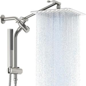 imageVeken 10quot All Metal Shower Heads with Handheld Spray ComboampampPower Wash High Pressure Square Rain Shower Head with WandampampExtension Arm Wide Adjustable Rainfall Showerhead with Slide Bar Matte BlackBrushed Nickel