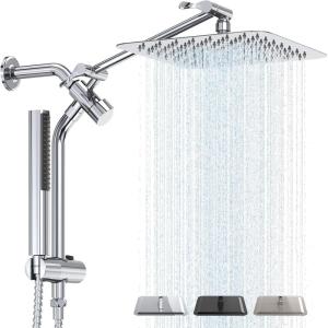 imageVeken 10quot All Metal Shower Heads with Handheld Spray ComboampampPower Wash High Pressure Square Rain Shower Head with WandampampExtension Arm Wide Adjustable Rainfall Showerhead with Slide Bar Matte BlackSilver