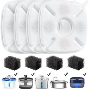 imageVeken Cat Water Fountain Filter Classic 4 Pack Replacement Filters ampamp 4 Pack Replacement PreFilter Sponges for 67oz 95oz 135oz Automatic Pet Fountain Dog Water Dispenser4 Filters4 Sponges