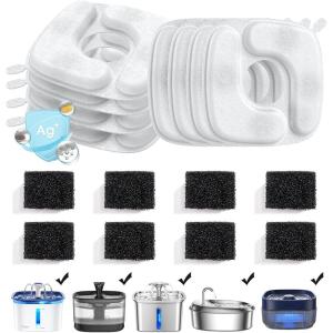 imageVeken Cat Water Fountain Filters 16 Pack Replacement Filters ampamp 16 Pack Replacement PreFilter Sponges Set for 67oz 95oz 135oz Automatic Pet Fountain Dog Water Dispenser8 Filters8 Sponges