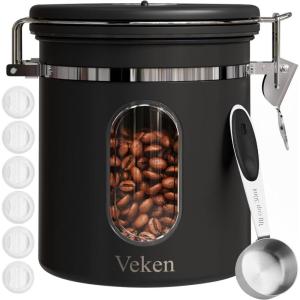 imageVeken Coffee Canister with Window Cereal Grounds Coffee Beans Tea Flour Sugar Airtight Stainless Steel Food Storage Container Date Tracker and Scoop 22OZ Copper Kitchen AccessoriesBlack
