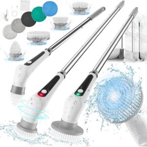 imageVeken Electric Spin Scrubber Shower Scrubber with Long Handle and 9 Replaceable Brush Heads IPX8 Waterproof Bathroom Scrubber with 2 Speeds Electric Cleaning Brush for Tub Sink Glass TileWhite