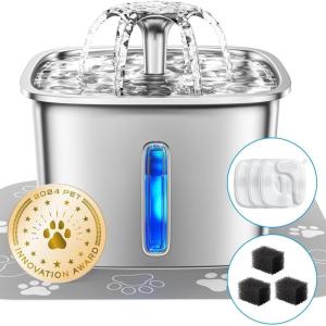 imageVeken Innovation Award Winner Stainless Steel Cat Water Fountain 95oz28L Automatic Pet Fountain Dog Water Dispenser with Replacement Filters ampamp Silicone Mat for Cats Dogs Space BlackSilver3 Filters3 Sponges