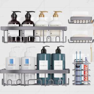 imageVeken Stainless Steel Shower Caddy 6Pack Adhesive Rustproof Shelves Rack with Soap Holder Large Capacity Bathroom Organizers and Storage No Drilling WallMounted Kitchen ampamp Home Decor Bath DecorE Gray