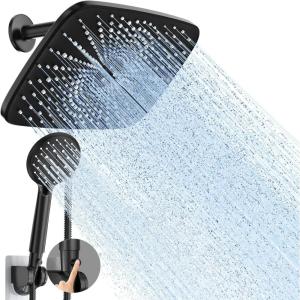 imageVeken 118 Inch High Pressure Rain Shower Head Shower Heads with 5 Modes Handheld Spray Combo Wide RainFall shower with 70quot Hose ampamp Bracket Adjustable Dual Showerhead with AntiClog Nozzles  ChromeMatte Black