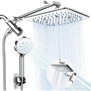 imageVeken High Pressure Rain Shower Head Combo with Extension Arm Easy to Install Wide Rainfall Showerhead with 3 Water Spray Modes  Adjustable Dual Showerhead with AntiClog NozzlesChrome