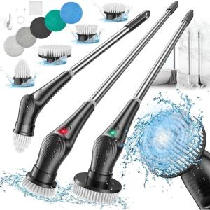 imageVeken Electric Spin Scrubber Shower Scrubber with Long Handle and 9 Replaceable Brush Heads IPX8 Waterproof Bathroom Scrubber with 2 Speeds Electric Cleaning Brush for Tub Sink Glass TileBlack