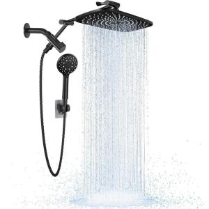 imageVeken 118 Inch Rain Shower Head Combo with Extension Arm Wide Showerhead with 6 Handheld Water Spray  18gpm Dual Shower with AntiClog Nozzles  ChromeMatte Black