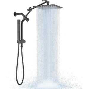 imageVeken 10quot Luxurious All Metal Rain Shower Head with Handheld Spray Combo High Pressure Rainfall Square Shower Heads with Extension Arm Wide Dual Showerhead Bathroom Accessories Matte Black