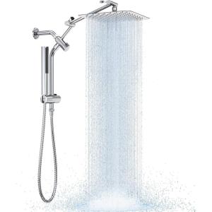 imageVeken 10quot Luxurious All Metal Rain Shower Head with Handheld Spray Combo High Pressure Rainfall Square Shower Heads with Extention Arm Wide Dual Showerhead Bathroom Accessories Chrome Silver