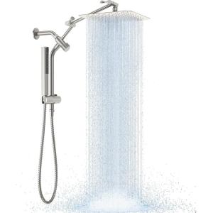 imageVeken 10quot Luxurious Brushed Nickel All Metal Rain Shower Head with Handheld Spray Combo High Pressure Rainfall Square Shower Heads with Extention Arm Wide Dual Showerhead Bathroom Accessories