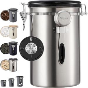 imageVeken Coffee Canister 39OZ Large Airtight Stainless Steel Food Storage Container for 22lbs Coffee Beans Ground Sugar Tea Flour Rice Cereal Cookies Jars Bar Accessories ampamp Gifts Cream4Silver