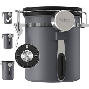 imageVeken Coffee Canister 39OZ Large Airtight Stainless Steel Food Storage Container for 22lbs Coffee Beans Ground Sugar Tea Flour Rice Cereal Cookies Jars Bar Accessories ampamp Gifts Cream1Gray