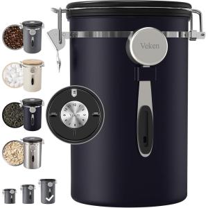 imageVeken Coffee Canister 39OZ Large Airtight Stainless Steel Food Storage Container for 22lbs Coffee Beans Ground Sugar Tea Flour Rice Cereal Cookies Jars Bar Accessories ampamp Gifts Cream3Black