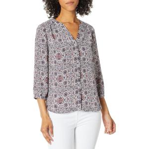 imageNYDJ Womens 34 Sleeve Pintuck BlouseFull Bloom Mosaic Pink Dusk