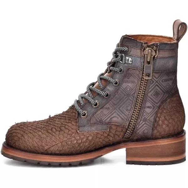 Cuadra Mens Lace Up Boot in Genuine Pirarucu Leather with Zipper BrownBrown