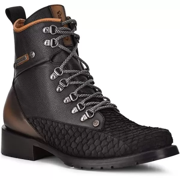 Cuadra Mens Mining Boot in Genuine Pirarucu Leather and Bovine Leather with Laces and ZipperBlack