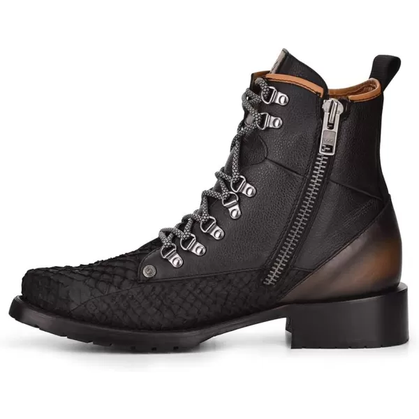 Cuadra Mens Mining Boot in Genuine Pirarucu Leather and Bovine Leather with Laces and ZipperBlack