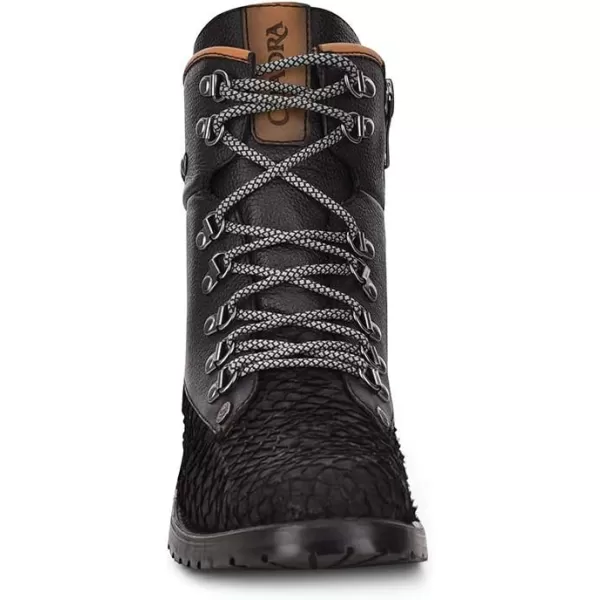 Cuadra Mens Mining Boot in Genuine Pirarucu Leather and Bovine Leather with Laces and ZipperBlack