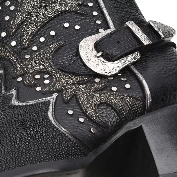Cuadra Womens Bootie in Genuine Stingray Leather Black with Zipper and StudsCuadra Womens Bootie in Genuine Stingray Leather Black with Zipper and Studs