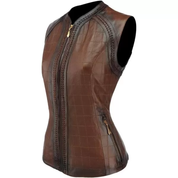 CUADRA Womens Vest in Ovine Leather with Embroidery and Handwoven ApplicationsBrown