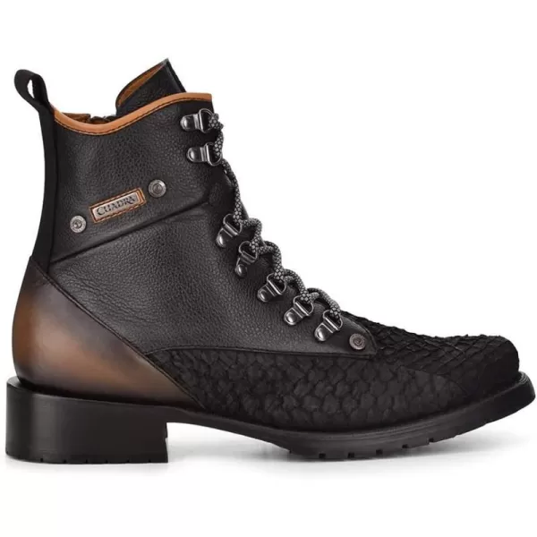 Cuadra Mens Mining Boot in Genuine Pirarucu Leather and Bovine Leather with Laces and ZipperBlack