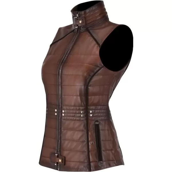 Cuadra womens padded vest in genuine leather with metallic applications brownBrown