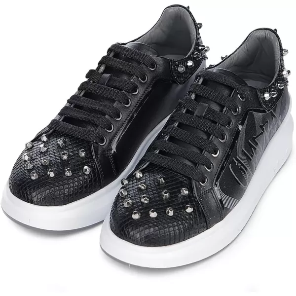 FRANCO CUADRA Womens Sneakers in Genuine Python Leather with Studs BlackBlack