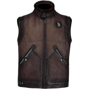 imageCuadra Dark Brown Leather Vest Fur Collar Zip Front Reflective PocketsBrown