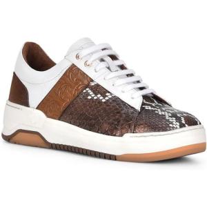 imageFRANCO CUADRA Womens Python Leather Sneakers White and Brown Low Top Fashion Casual ShoesBrown