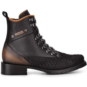 imageCuadra Mens Mining Boot in Genuine Pirarucu Leather and Bovine Leather with Laces and ZipperBlack