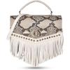 image:imageCuadra White Python Print Leather Handbag Fringe Detail Top Handle with Adjustable Strap 2 Compartments