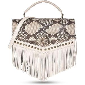 image:imageCuadra White Python Print Leather Handbag Fringe Detail Top Handle with Adjustable Strap 2 Compartments